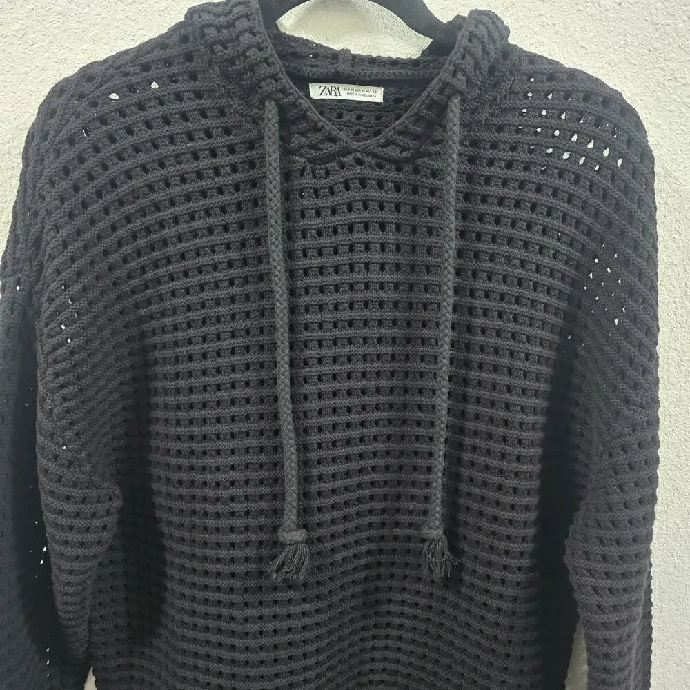 ZARA Mens Black Knit Hoodie Sweater Waffle Open Weave Cotton Pullover Size M - Picture 3 of 11